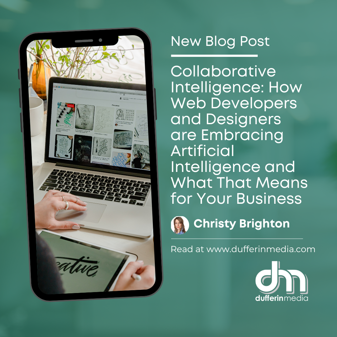Collaborative Intelligence: How Web Developers and Designers are Embracing Artificial Intelligence and What That Means for Your Business | Dufferin Media | Image of smart phone display shows a laptop in use