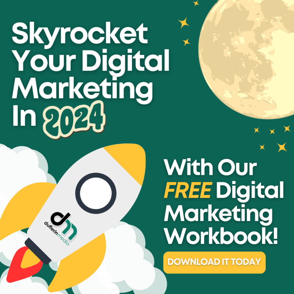 Image of rocket headed to the moon with text that reads: Skyrocket Your Digital Marketing in 2024 With Our FREE Digital Marketing Workbook | Download it Today